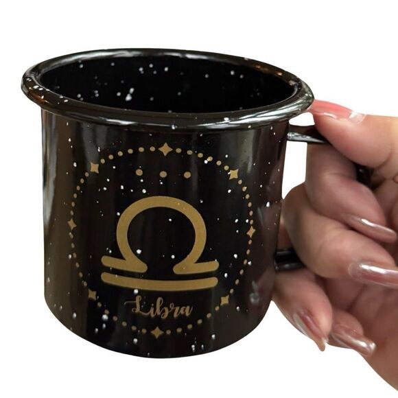 Libra Astrology 18 oz Enamel Campfire Mug Zodiac Symbol Blk White & Gold NWT - Picture 2 of 8